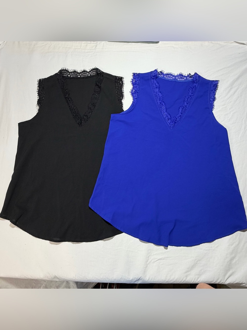 Lace Trim V-Neck Sleeveless Top - Black & Royal Blue